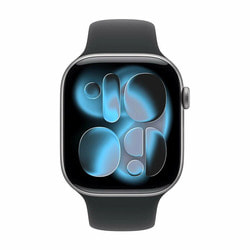   Apple Watch Series 11, 42mm, Space Gray Aluminum Case with Black Sport Band.  2